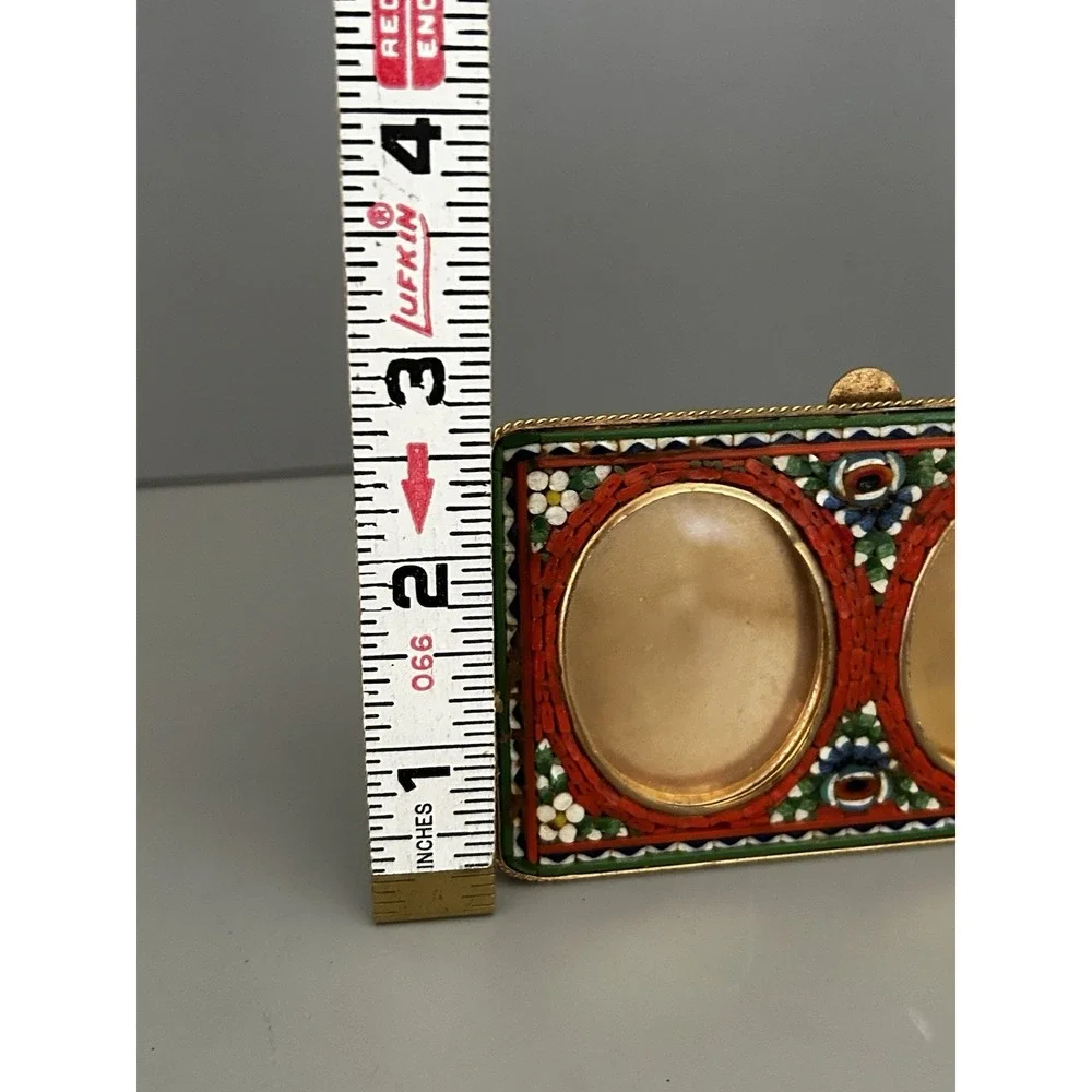 Vintage Italy Micro Mosaic Picture Frame Gold Tone Brass Double Oval Easel 3x4